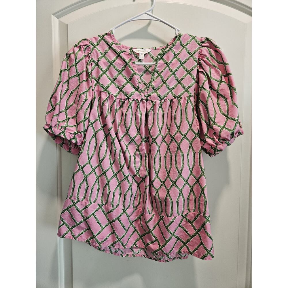 Crown & Ivy ~ Pink w Green Bamboo Pleated Ruched Top ~ Women's Sz XS Extra Small